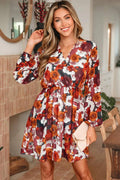 Floral Print Wrap V Neck Puff Sleeve Flowy Mini Dress