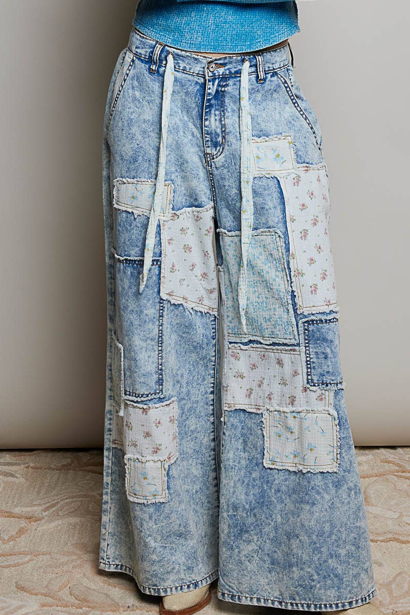 Patchwork Detail Denim Straight Fit Pants