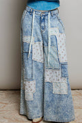 Patchwork Detail Denim Straight Fit Pants