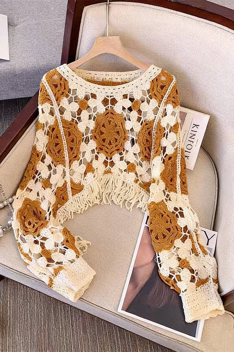 Elegant Fringe Crochet Knit Top: BROWN / One Size