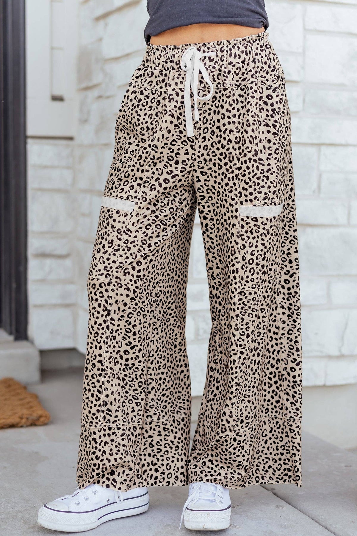 Animal Print Wide Leg Terry Knit Pants - 95% Polyester+5% Elastane