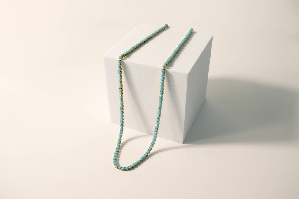 18k Gold Turquoise Rhinestone Tennis Chain Necklace: 16"+2" / 3mm