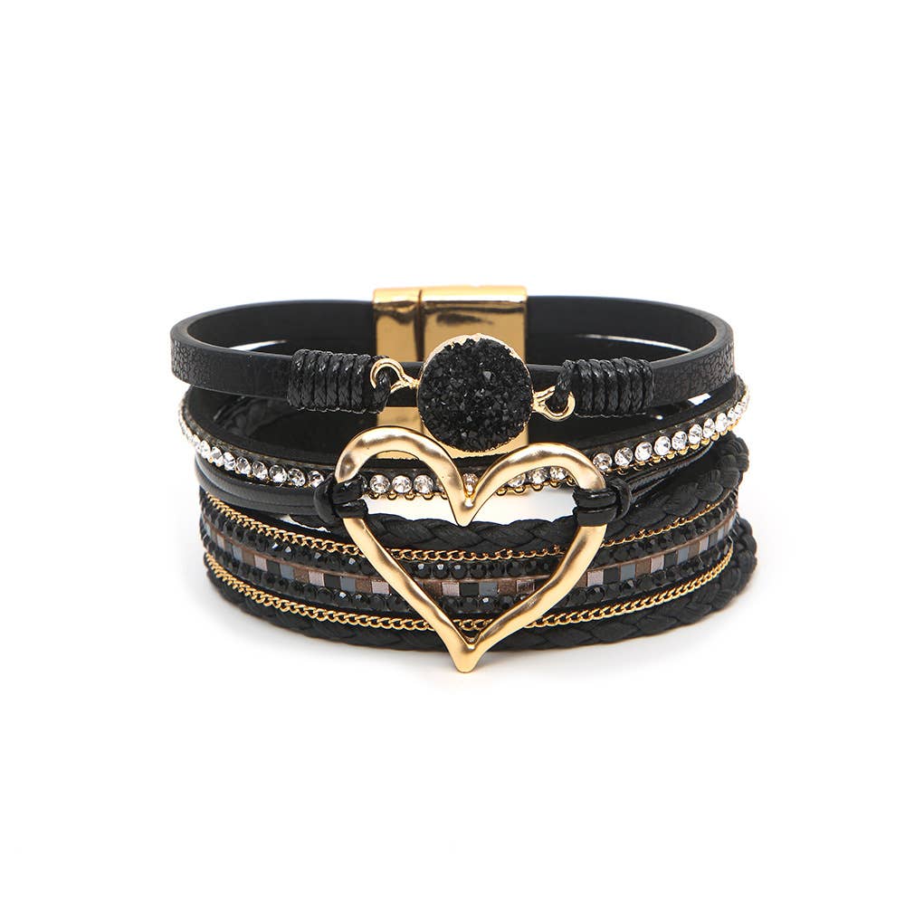 Boho Layered Heart Charm Rhinestone Magnetic Bracelet: Beige / Alloy / ONE SIZE