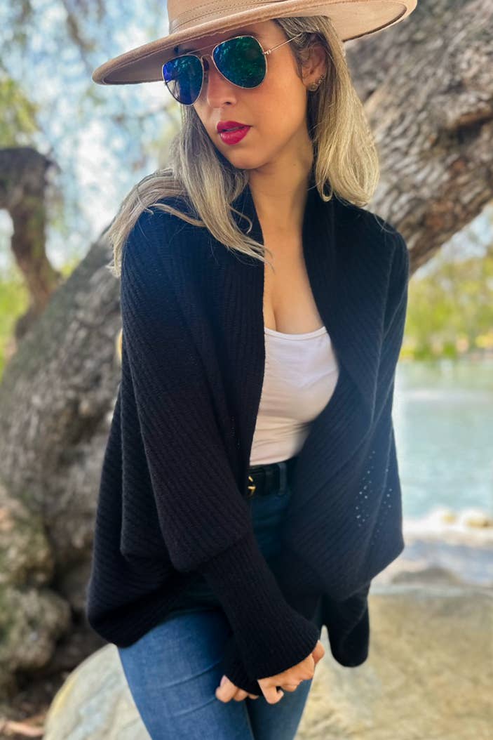 Black Soft Rib Knitted Shrug Cardigan: Black / One Size