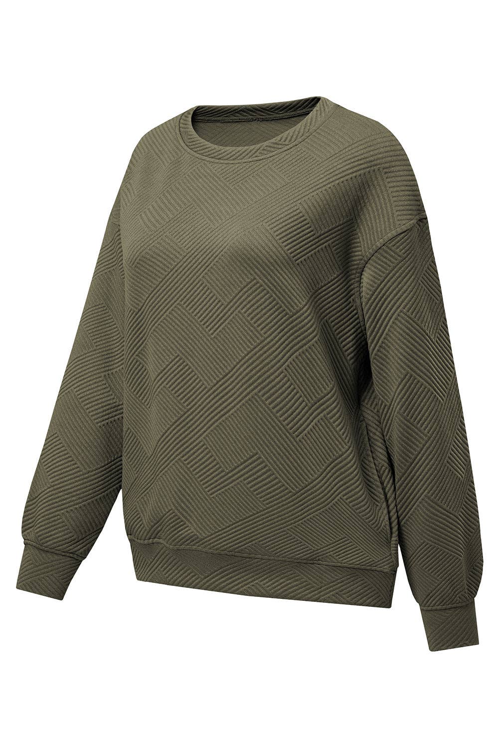 Textured Round Neck Drop Shoulder Pullover Sweatshirt - 97%Polyester+3%Elastane
