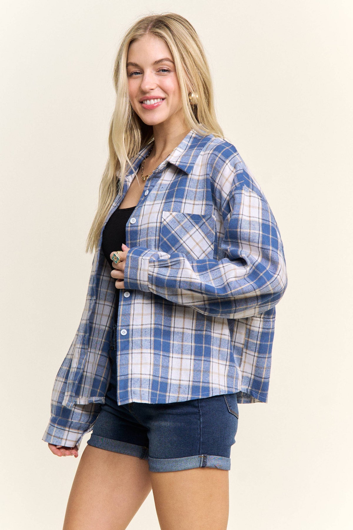 CROPPED PLAID LACE UP BACK SHIRT - CET4243: DENIM  BLUE / S-M-L(2-2-2)
