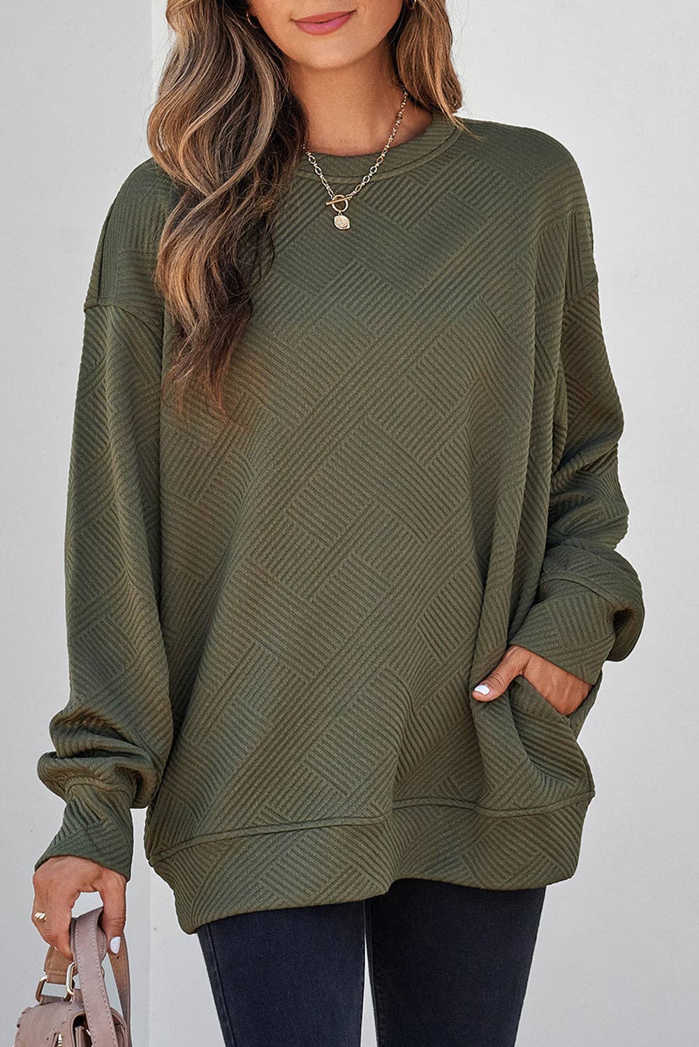 Textured Round Neck Drop Shoulder Pullover Sweatshirt - 97%Polyester+3%Elastane