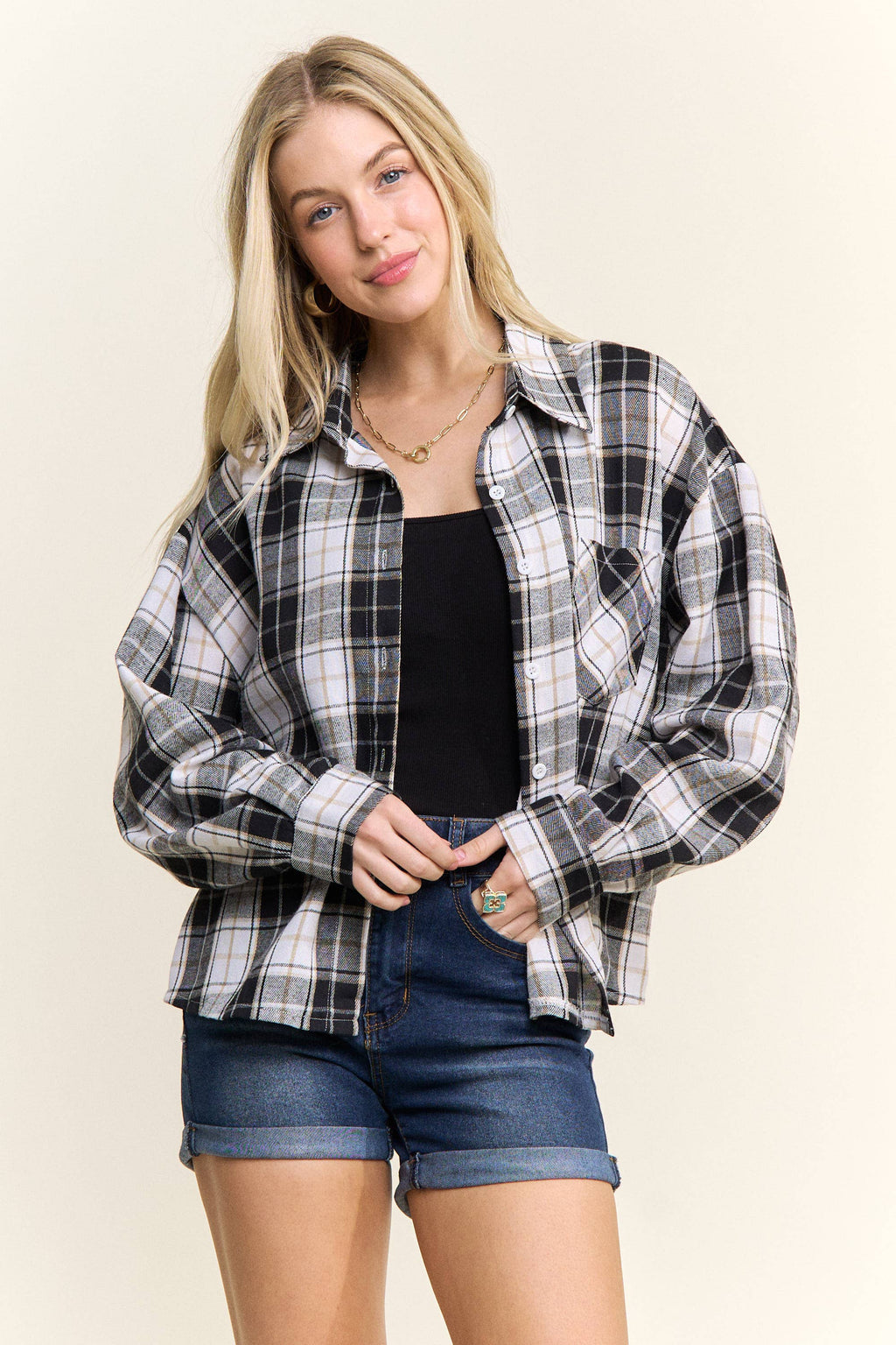 CROPPED PLAID LACE UP BACK SHIRT - CET4243: DENIM  BLUE / S-M-L(2-2-2)