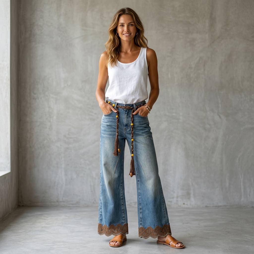 Women's Vintage Washed High-Waist Embroidered Flare Jeans