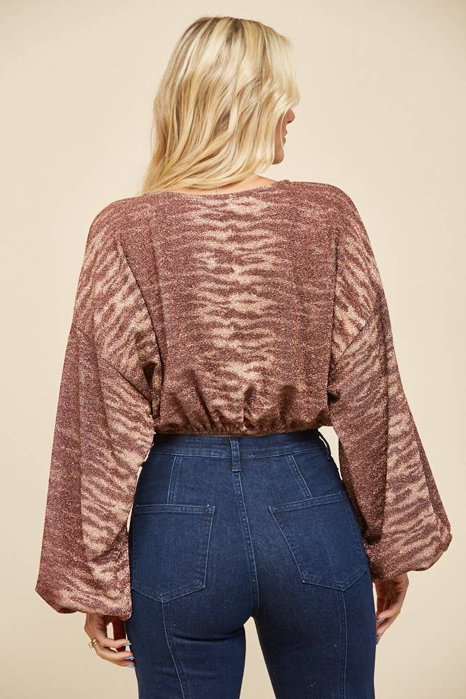 PRINTED CROPPED KNIT TOP BRONZE METALLIC 1485