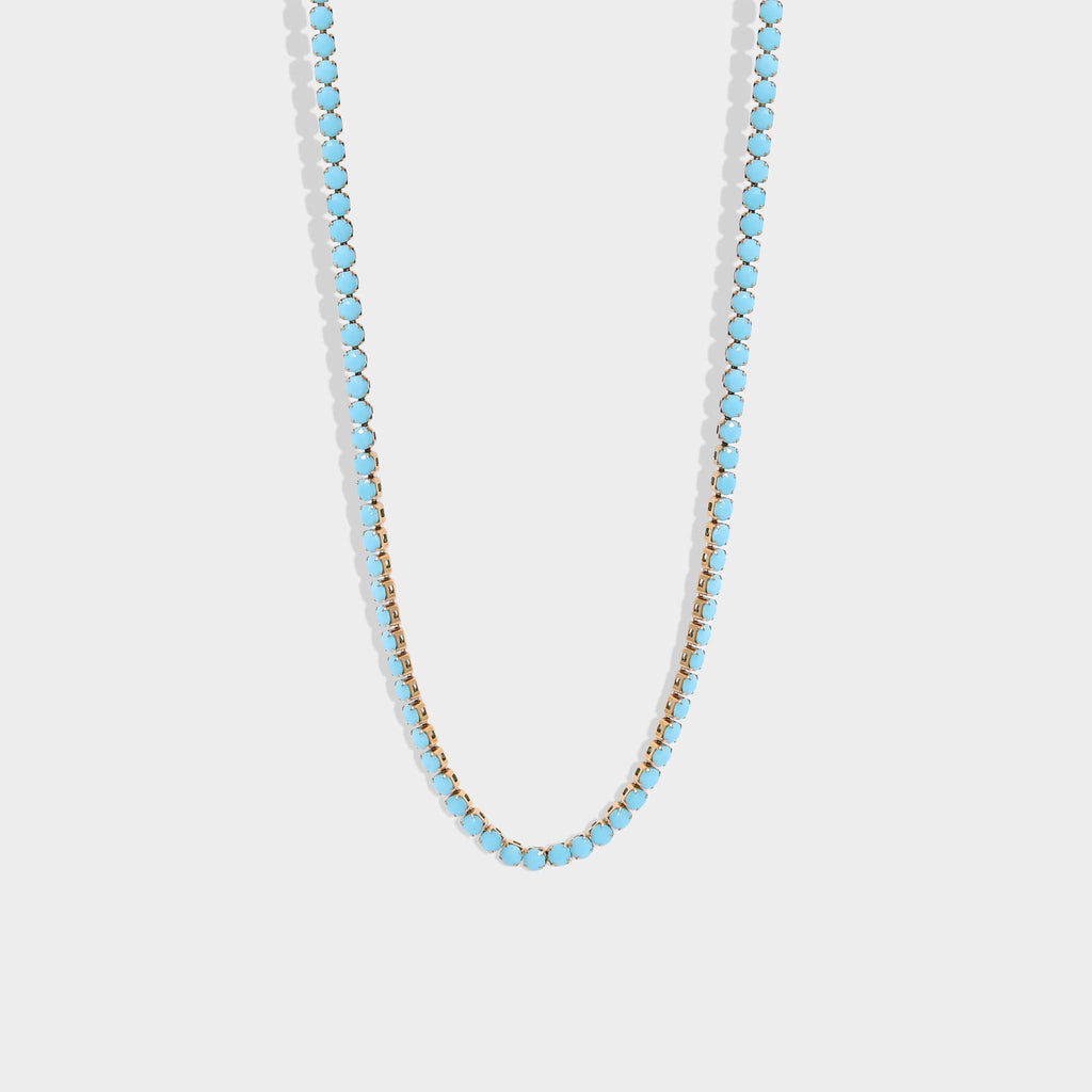 18k Gold Turquoise Rhinestone Tennis Chain Necklace: 16"+2" / 3mm