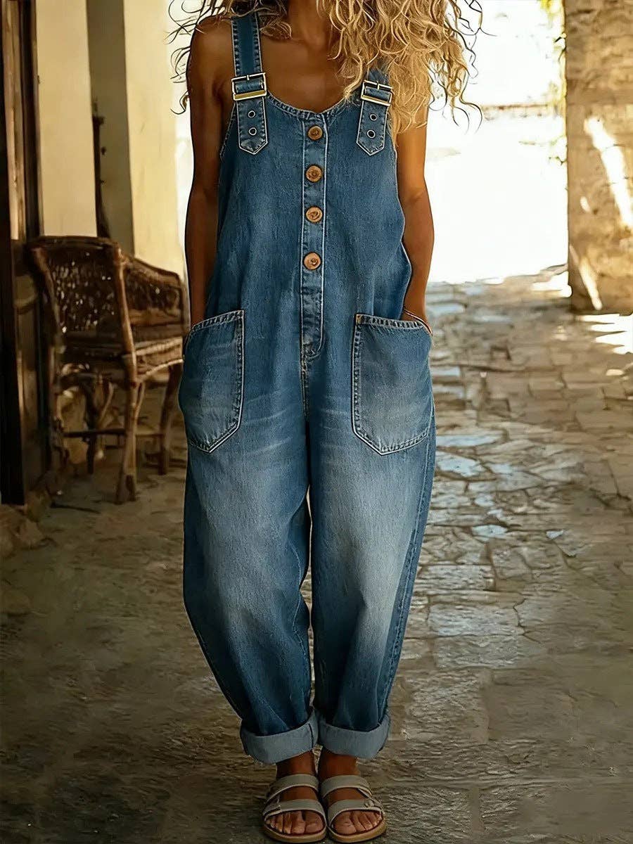 Women's Washed Denim Overalls Adjustable Strap Jumpsuit 70%Cotton+30%Polyester