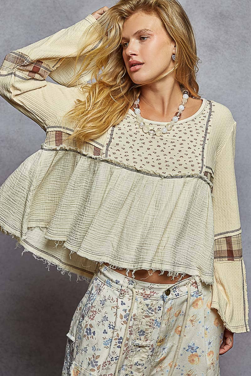 Long sleeve plaid contrast double gauze woven top