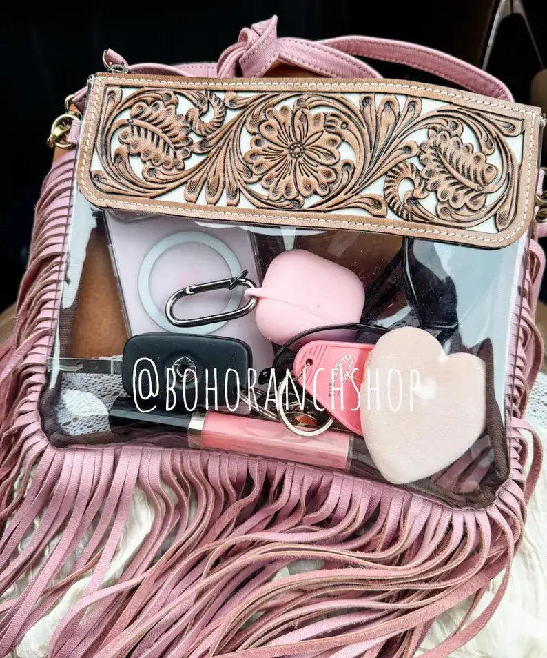 Hand Tooled Clear Purse Crossbody - Concert Game Day Stadium: WHITE/ BLACK