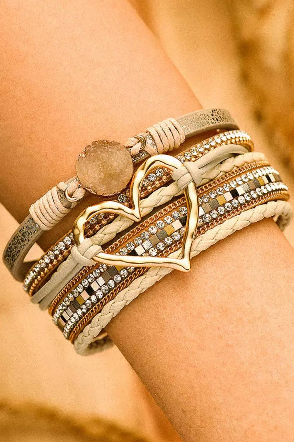 Boho Layered Heart Charm Rhinestone Magnetic Bracelet: Beige / Alloy / ONE SIZE
