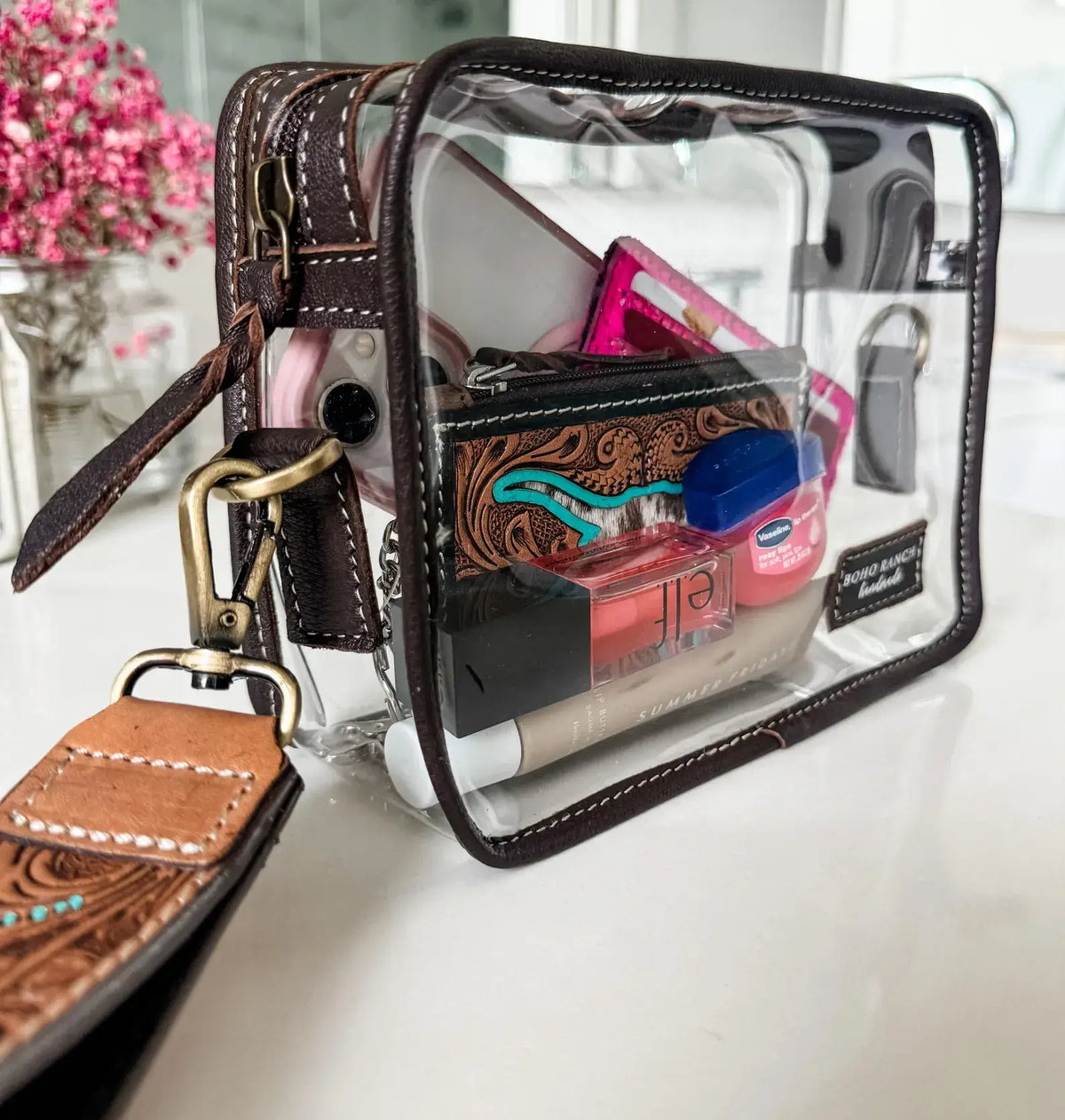 DARLA CLEAR WRISTLET | transparent western purse - game day : TAN