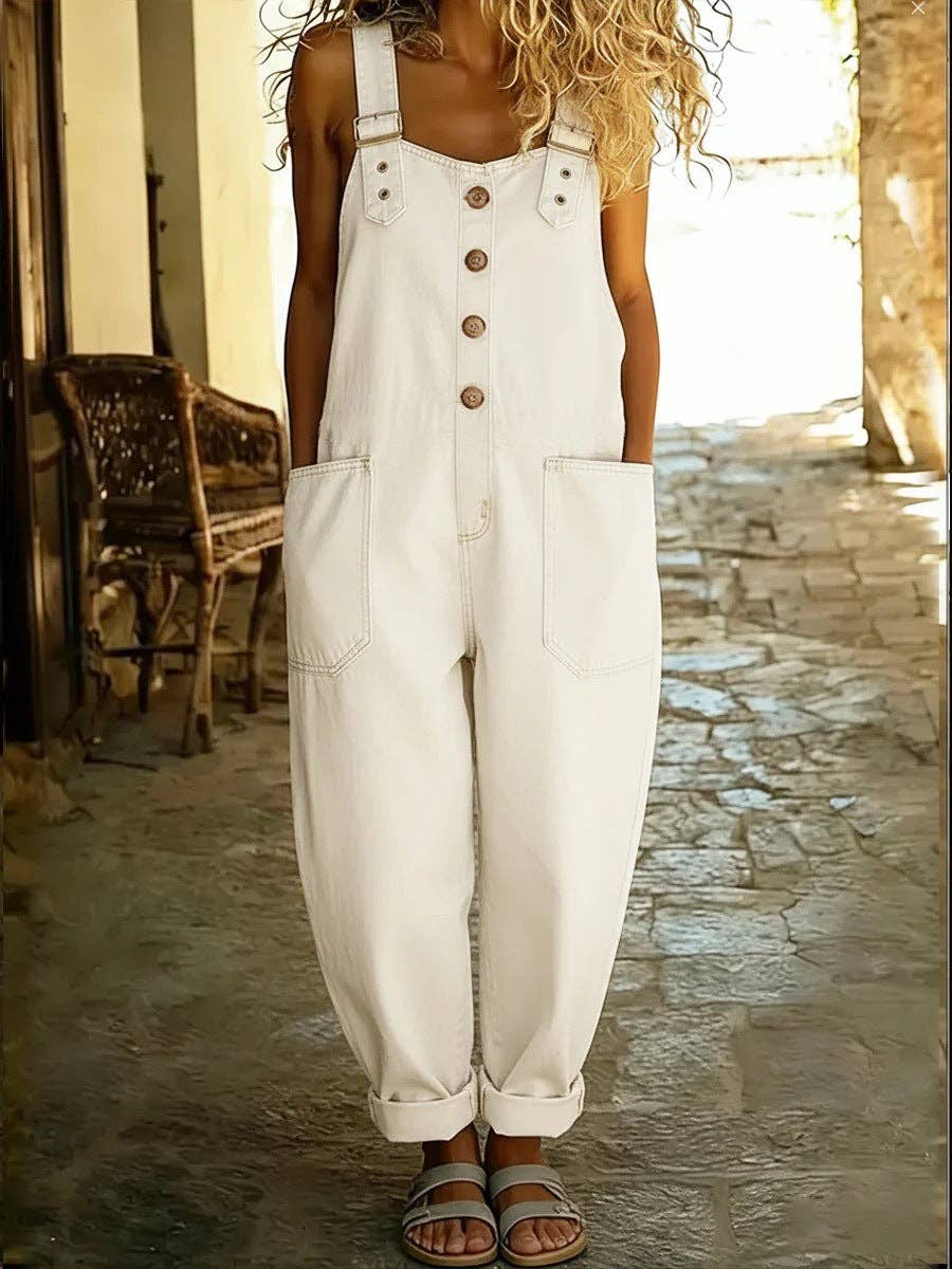 Women's Washed Denim Overalls Adjustable Strap Jumpsuit 70%Cotton+30%Polyester