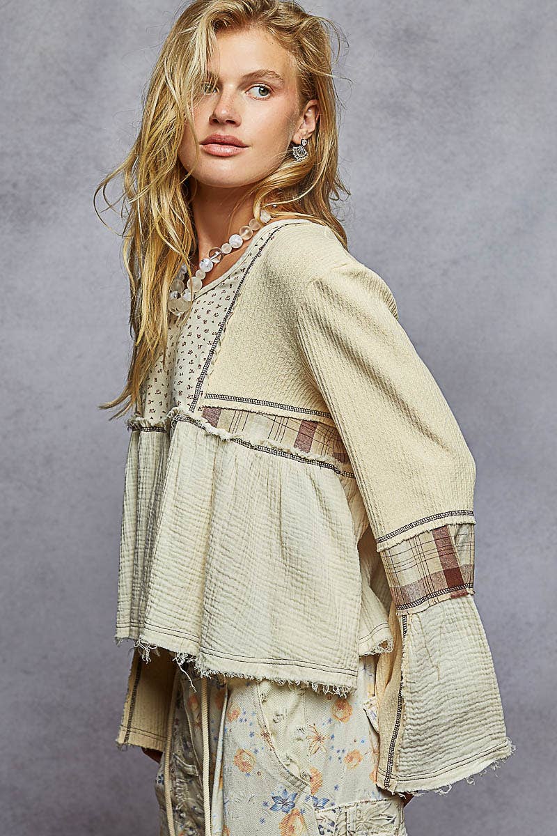 Long sleeve plaid contrast double gauze woven top