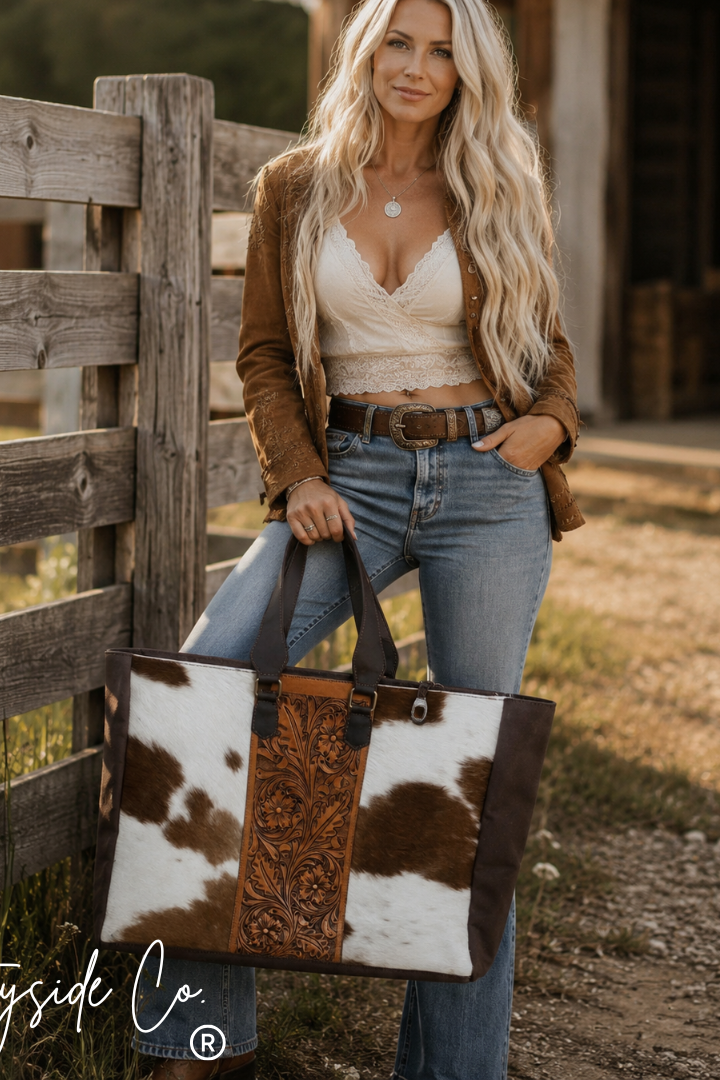 A woman stands outdoors beside a wooden fence holding a large tote bag. The bag has a cowhide-style pattern with white, brown, and black patches plus a brown tooled leather panel.