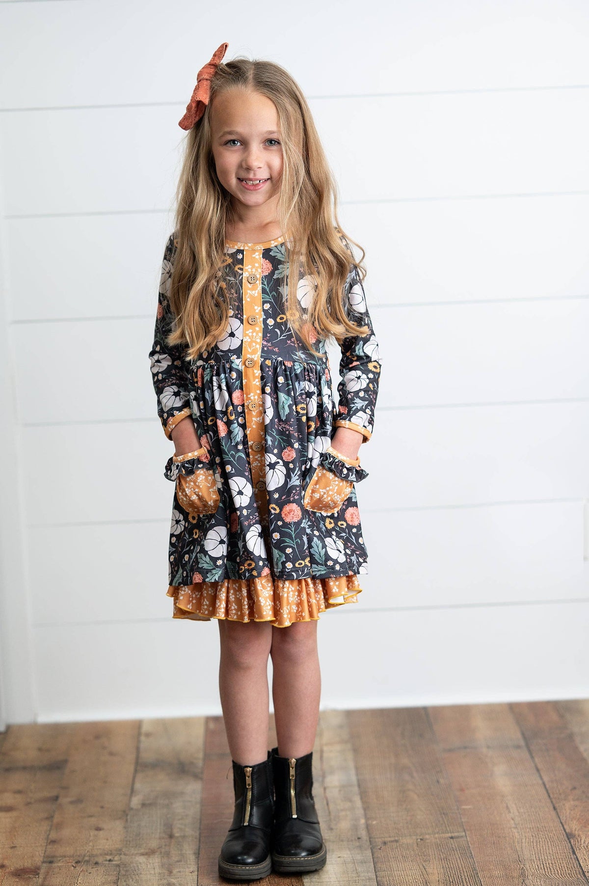 Girls Pumpkin Ruffle Pocket Button Tie Fall Dress