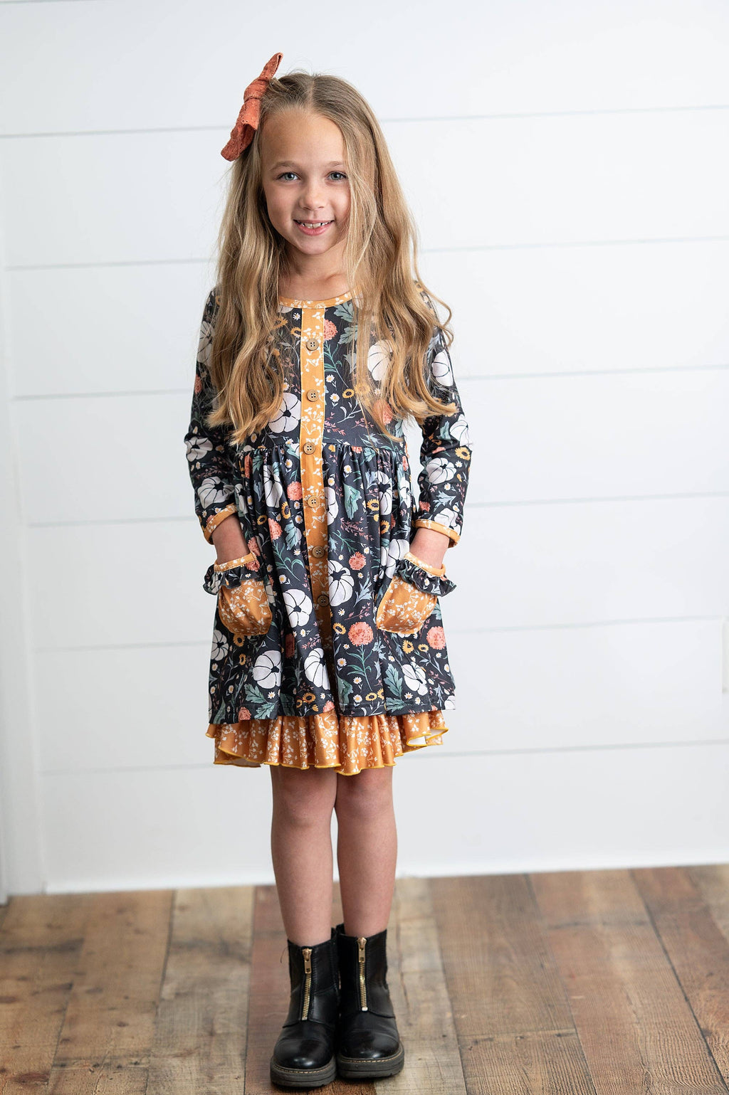 Girls Pumpkin Ruffle Pocket Button Tie Fall Dress