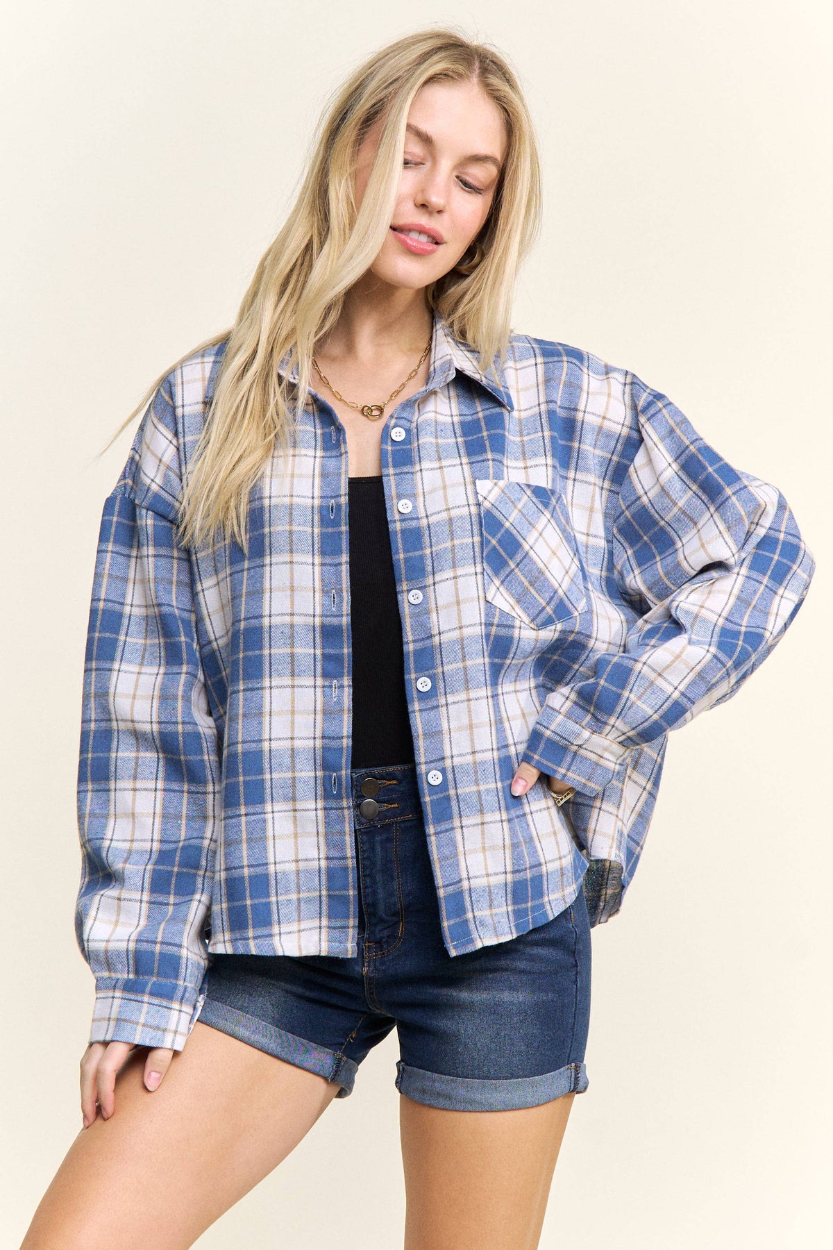 CROPPED PLAID LACE UP BACK SHIRT - CET4243: DENIM  BLUE / S-M-L(2-2-2)