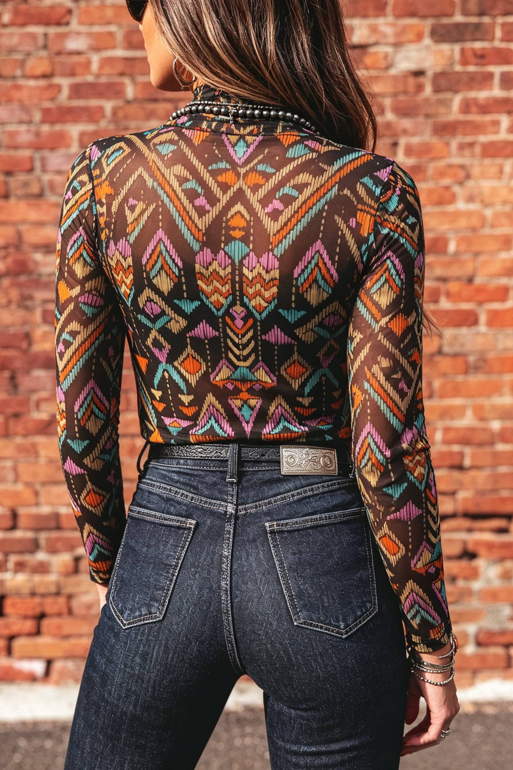PRETTY BASH Long Sleeve Stand Neck Mesh Top