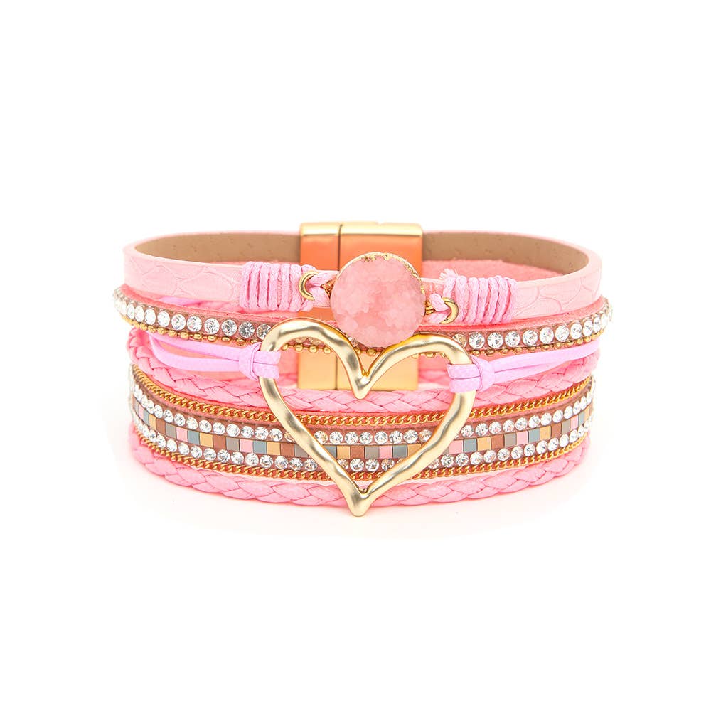 Boho Layered Heart Charm Rhinestone Magnetic Bracelet: Beige / Alloy / ONE SIZE