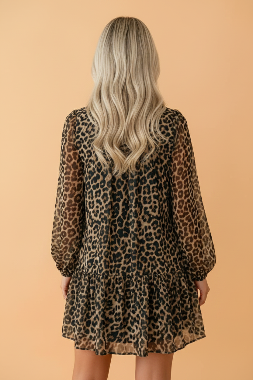 PRETTY BASH Leopard Long Sleeve Shift Mini Dress