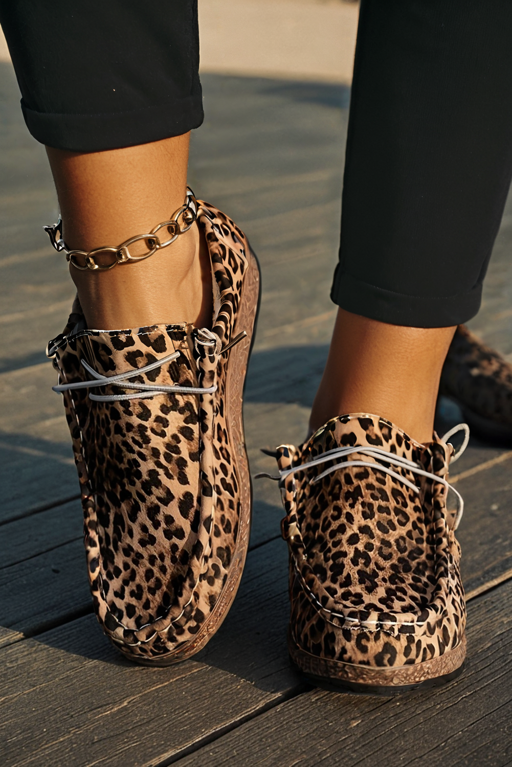 Western Leopard Faux Suede Lace-up Decor Slip On Shoes