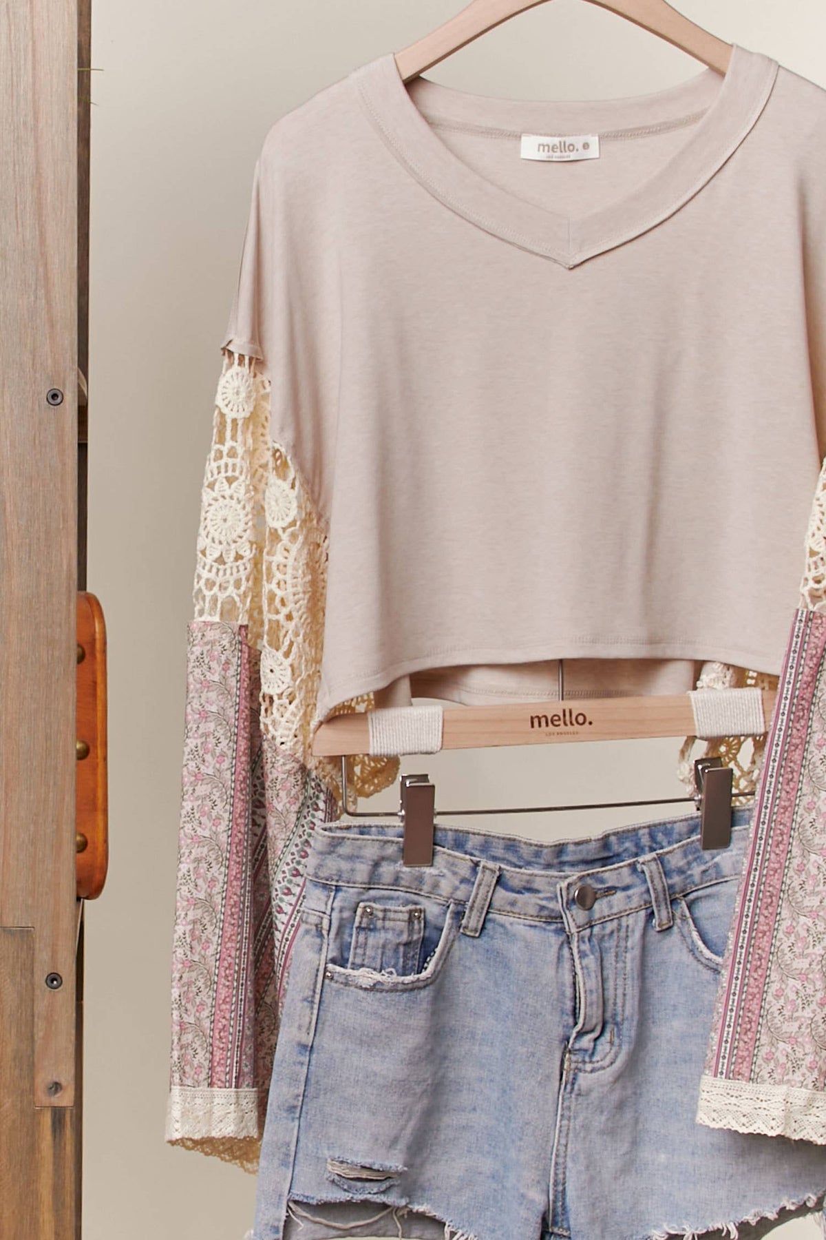 Lace and Patchwork Bell-Sleeve Crop Top