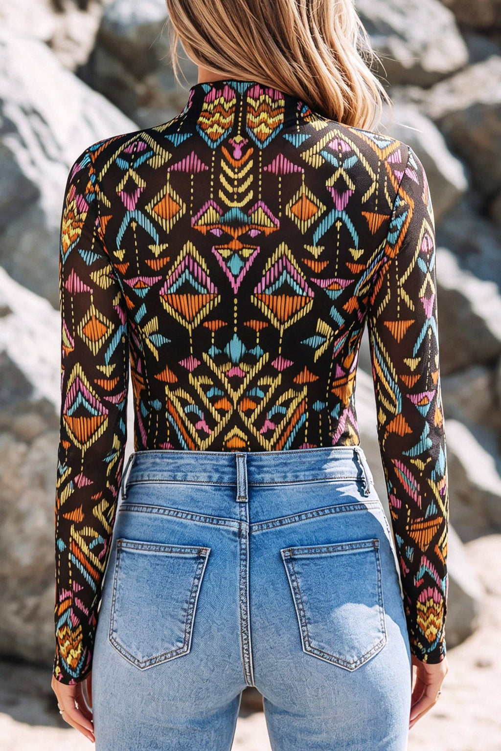 PRETTY BASH Long Sleeve Stand Neck Mesh Top