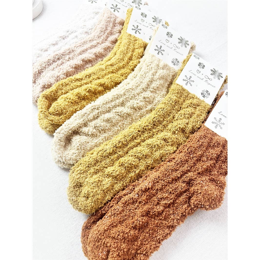 Neutral Tone Solid Cable Pattern Cozy Socks: MIX COLOR / ONE(12)