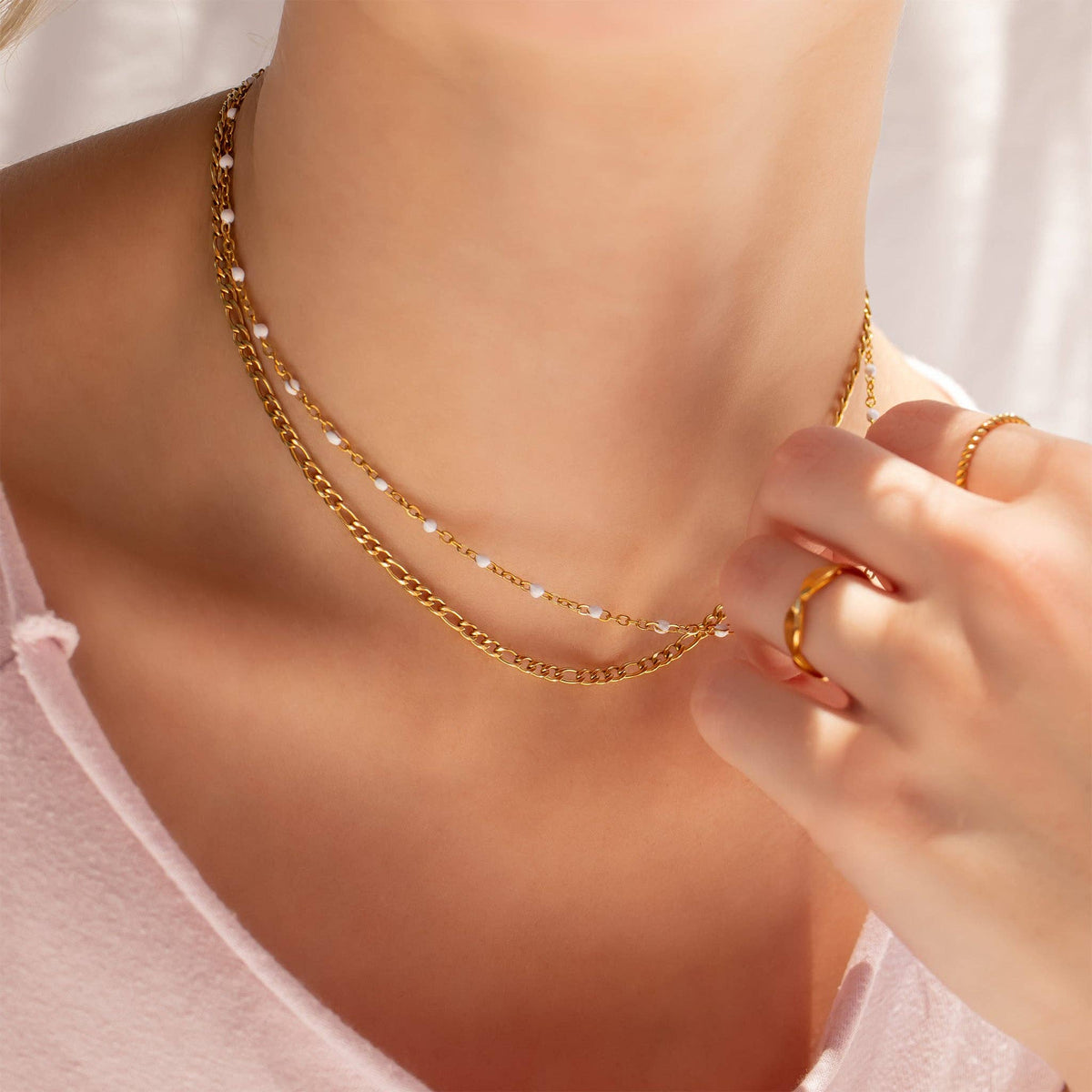 18K Gold PVD Stainless Steel White Confetti Chain Necklace: Stainless / 16+2"