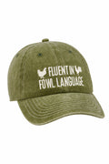 Green cap with 'Fluent in Fowl Language' text and chicken illustrations on a white background