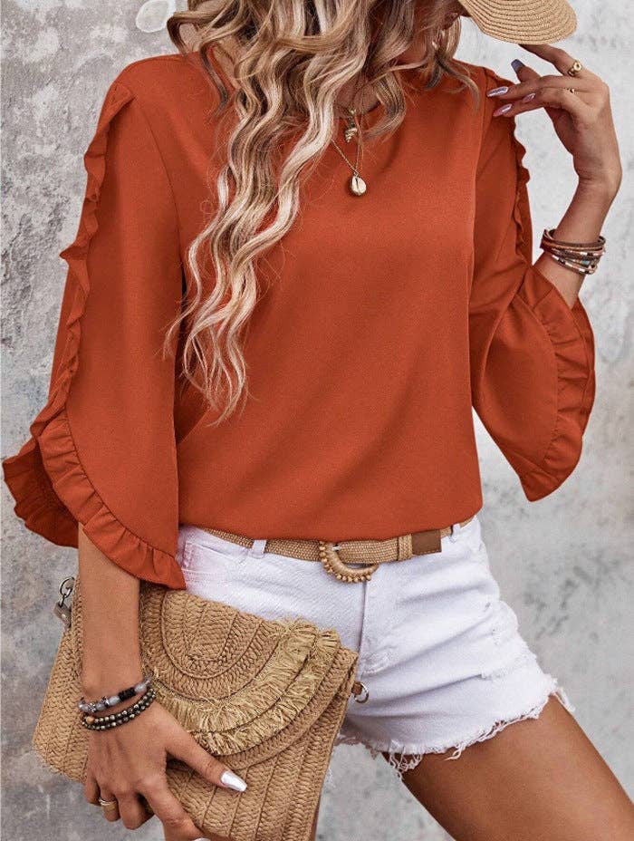Summer Ruffle Loose Fit Sleeve Shirt - 95%+ Polyester