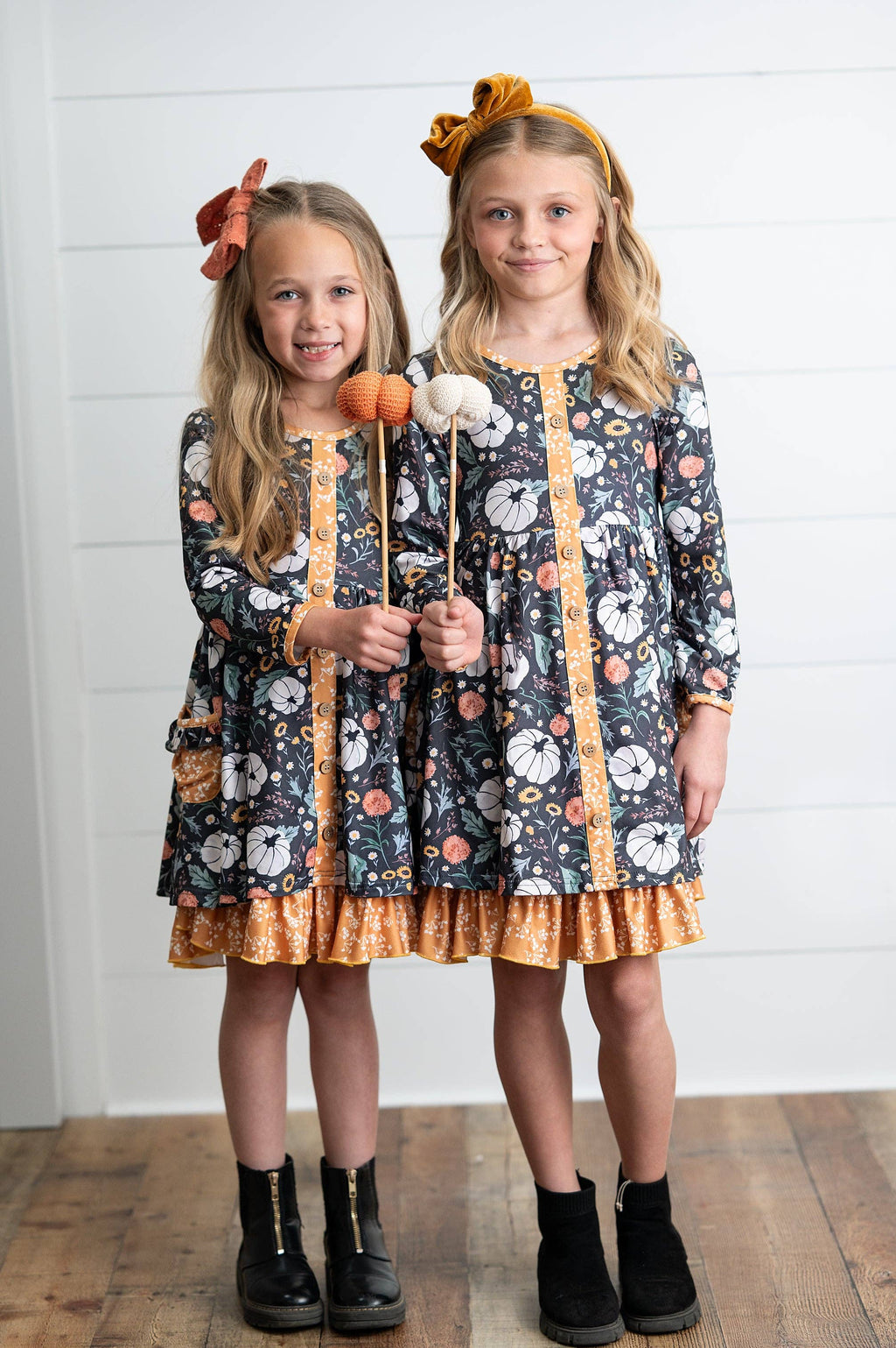 Girls Pumpkin Ruffle Pocket Button Tie Fall Dress