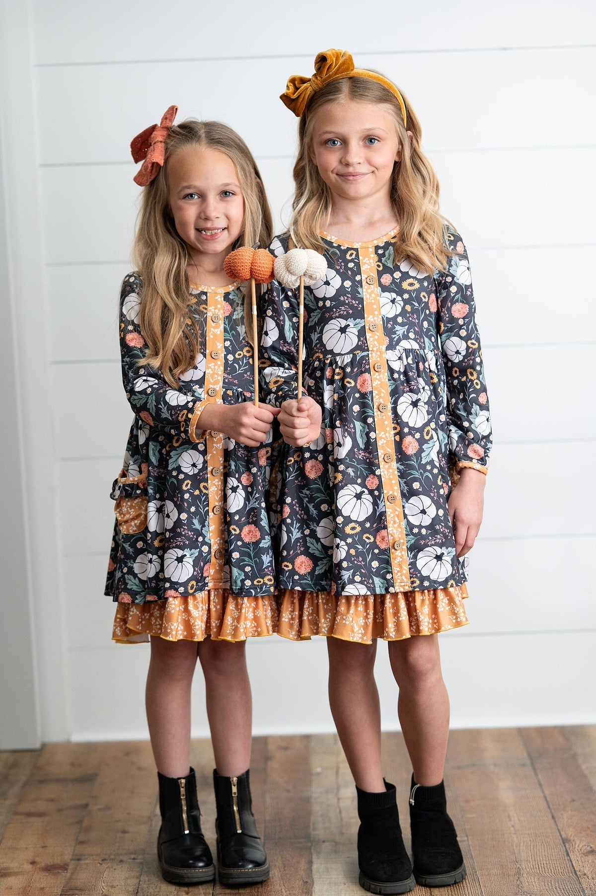 Girls Pumpkin Ruffle Pocket Button Tie Fall Dress