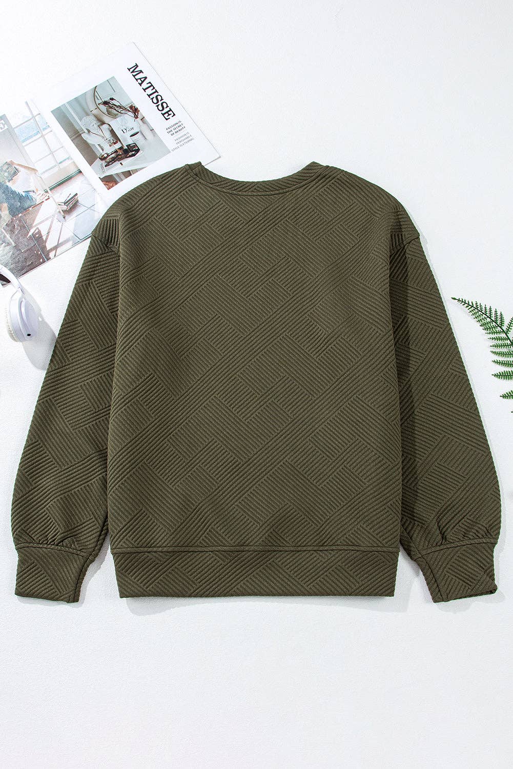 Textured Round Neck Drop Shoulder Pullover Sweatshirt - 97%Polyester+3%Elastane