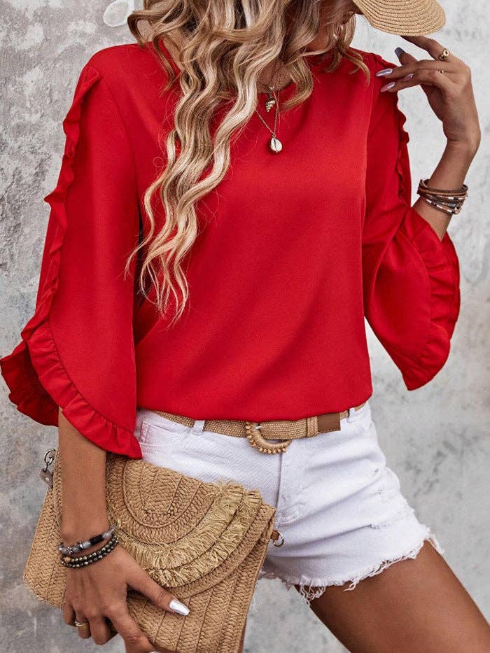 Summer Ruffle Loose Fit Sleeve Shirt - 95%+ Polyester