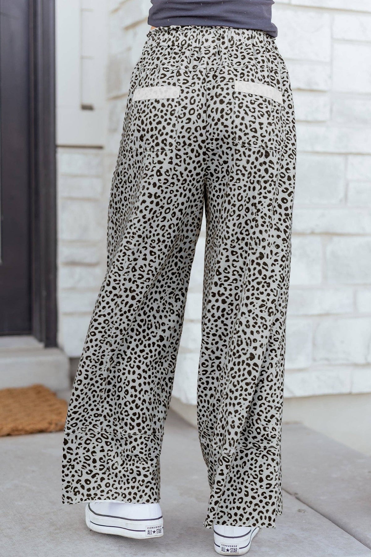 Animal Print Wide Leg Terry Knit Pants - 95% Polyester+5% Elastane