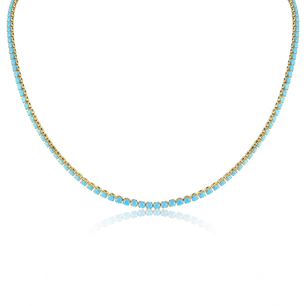18k Gold Turquoise Rhinestone Tennis Chain Necklace: 16"+2" / 3mm