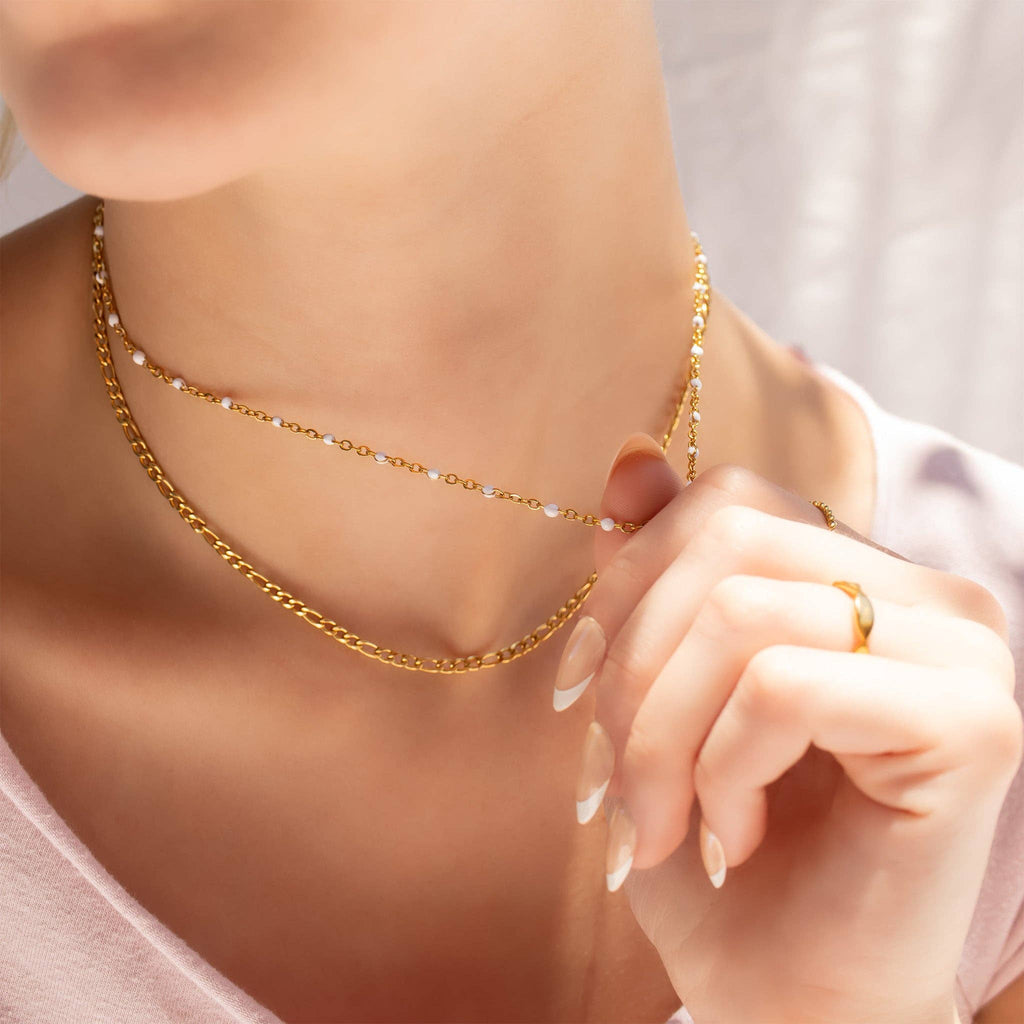 18K Gold PVD Stainless Steel White Confetti Chain Necklace: Stainless / 16+2"