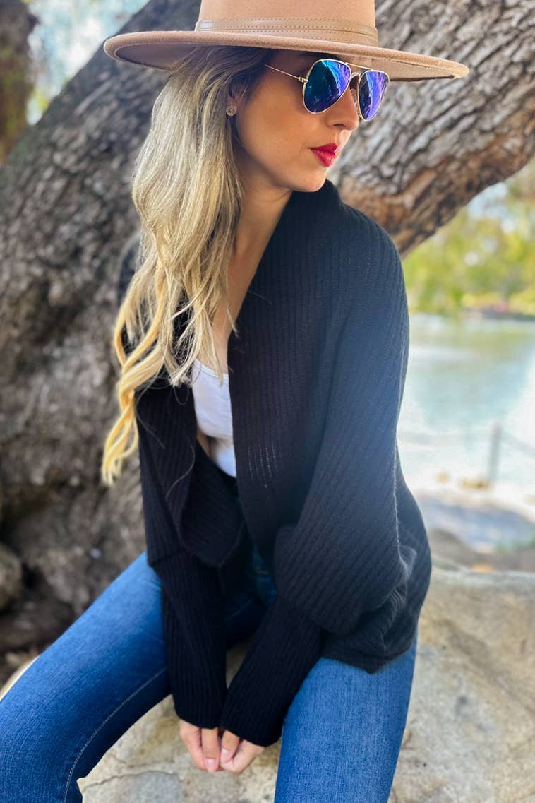 Black Soft Rib Knitted Shrug Cardigan: Black / One Size