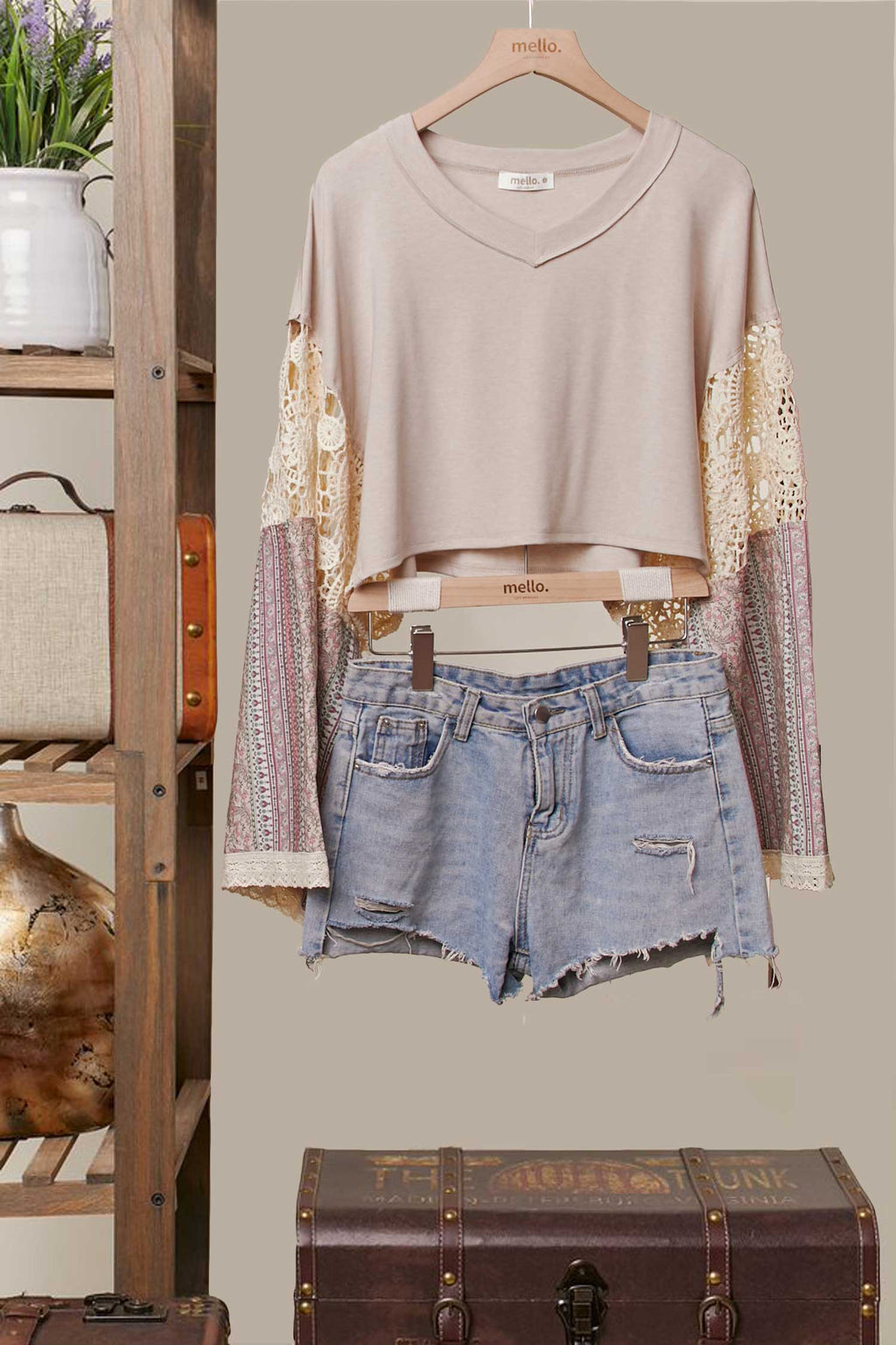 Lace and Patchwork Bell-Sleeve Crop Top