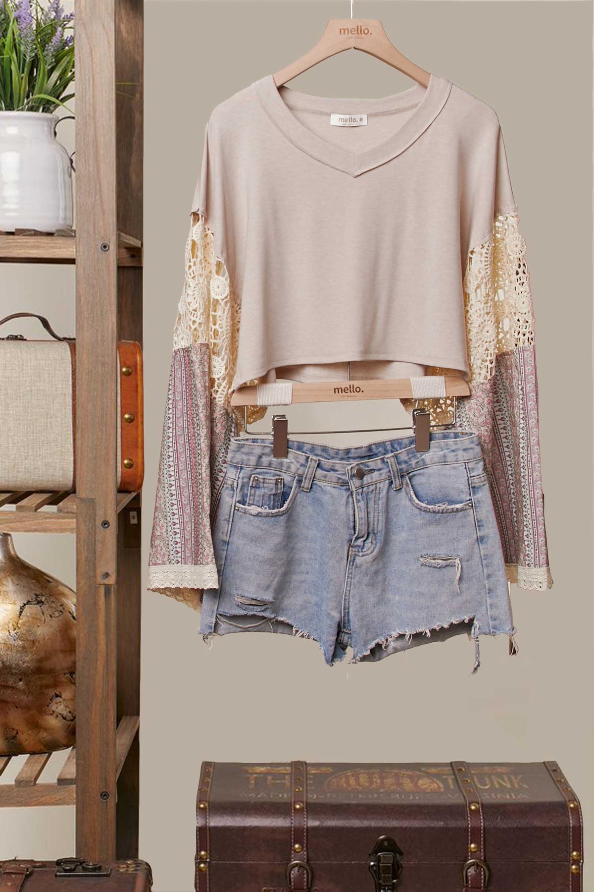 Lace and Patchwork Bell-Sleeve Crop Top
