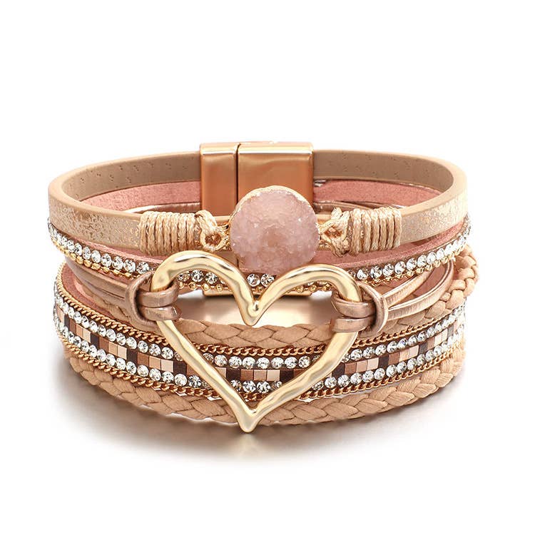 Boho Layered Heart Charm Rhinestone Magnetic Bracelet: Beige / Alloy / ONE SIZE