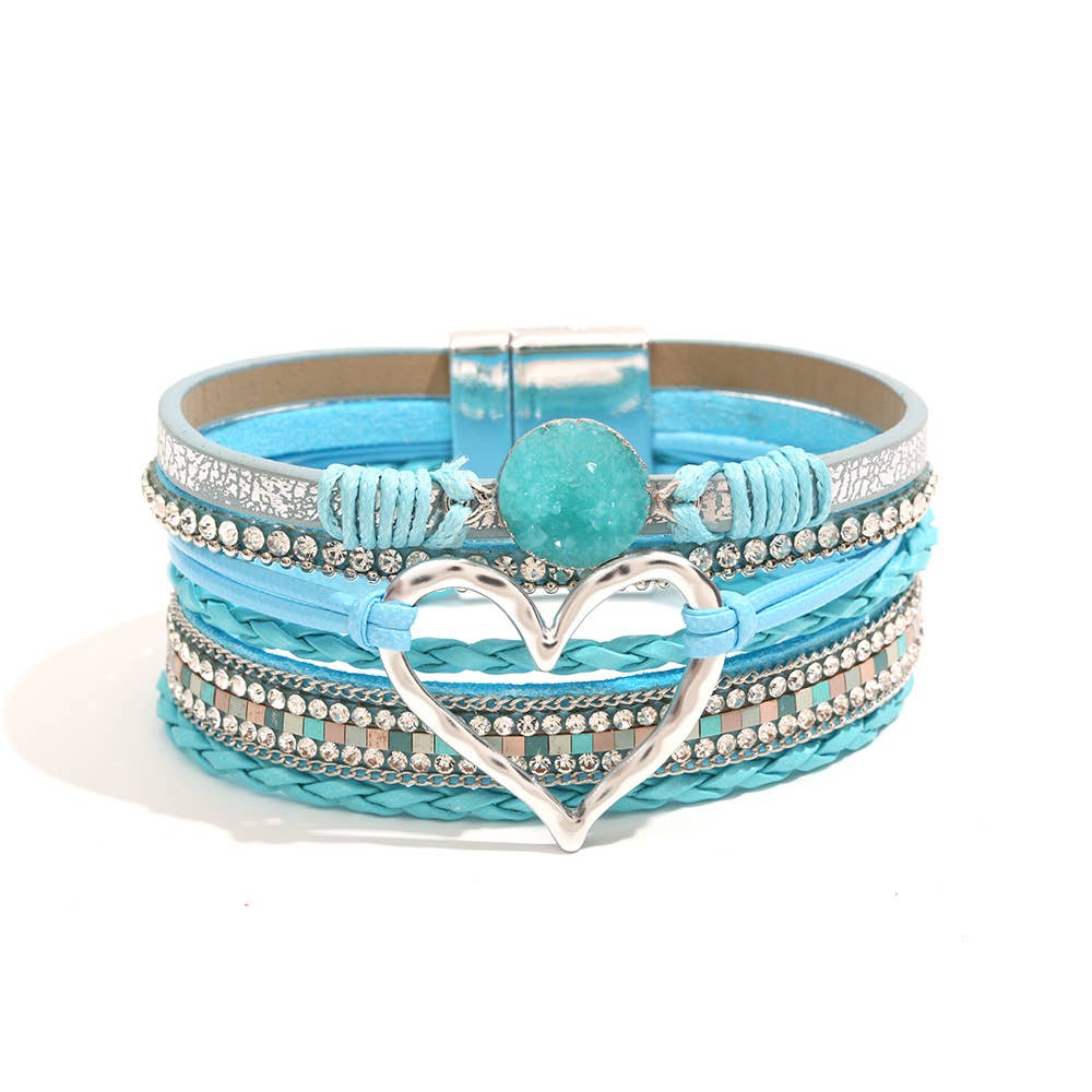 Boho Layered Heart Charm Rhinestone Magnetic Bracelet: Beige / Alloy / ONE SIZE