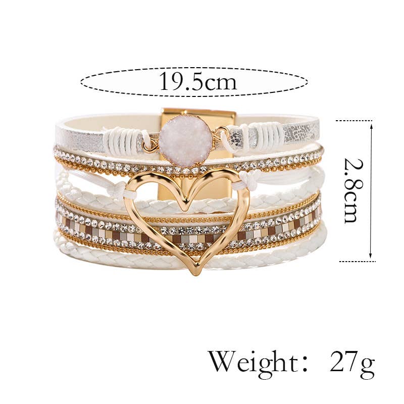 Boho Layered Heart Charm Rhinestone Magnetic Bracelet: Beige / Alloy / ONE SIZE