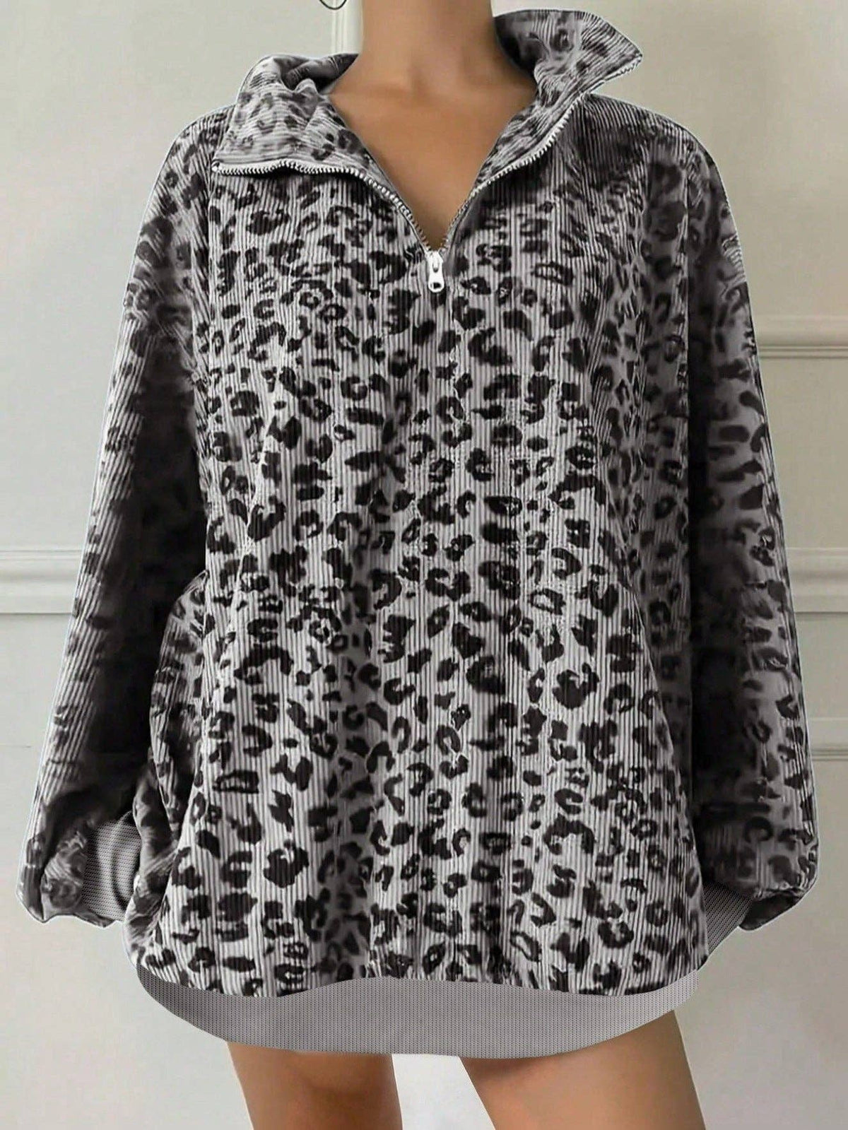 Leopard Print Oversized Quarter Zip Pullover Sweatshirt